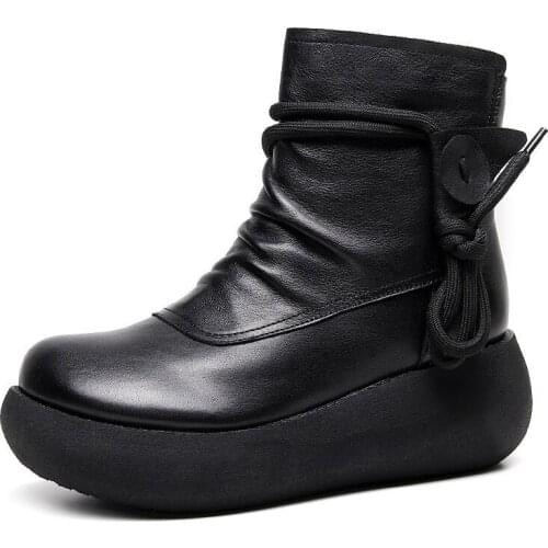 2020 Spring Autumn Women Genuine Leather Snow Boots Handmade Retro Platform Ankle Boots for Women Wedges Heel Warm Casual Shoes