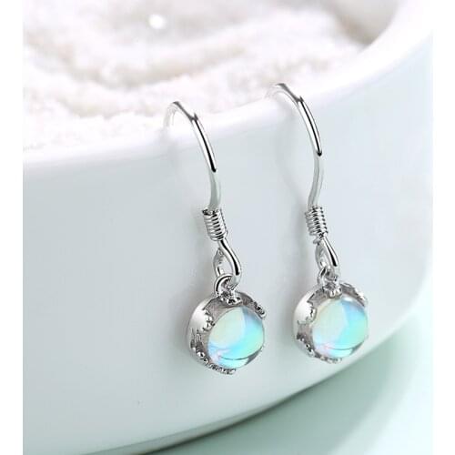 Punk Design 925 Sterling Silver Moonstone Round Drop Earrings for Women Wedding Gift Jewelry EH1214