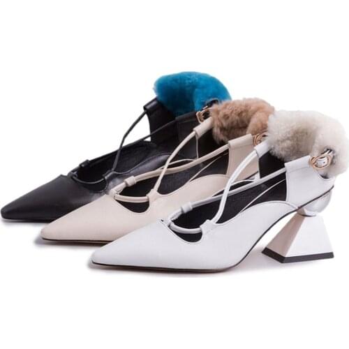 Womens Pointy Toe Cross-straps Real Rabbit Fur Decor Strange High Heel Pumps OL Shoes Slingbacks Plus Size New 2020
