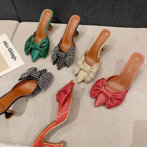 Europe and The United States Super Flash Bow Rhinestone Shiny Wine Glass with High Heel Womens Slippers