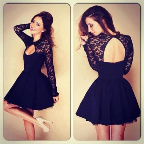 Black Summer Women Dress Hollow Out Backless Lace Patchwork Long Sleeve Spring Sexy A-Line Dress Party Club Vestidos New
