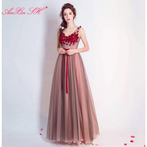 AXJFU Blush Pink lace evening dress Petals Bride temperament Dress princess red flower bow beading crystal evening Dress 5946