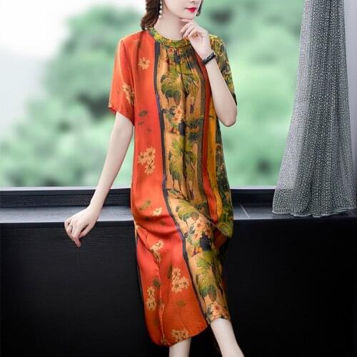 2021 Vintage Casual Floral Mulberry Silk Midi Dress Summer Korean 4XL Plus Size Print Dress Elegant Women Bodycon Party Vestidos