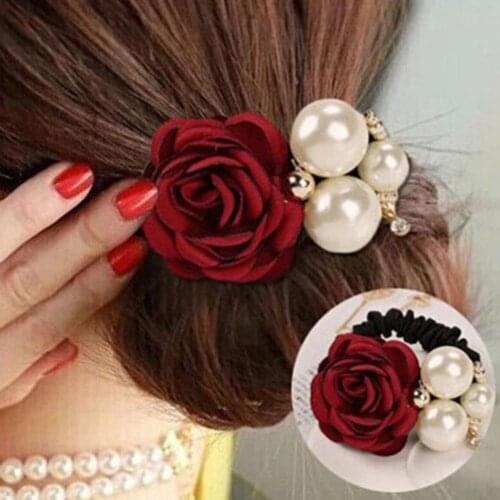 1pc Hair Tie Elastic Flower Big Rose Hair Band For Girls Women Rhinestones Imitation Pearls Hair Rope Ring Hair Accessories