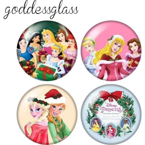 Disney Christmas Princesses Belle Elsa 10pcs 12mm/18mm/20mm/25mm Round photo glass cabochon flat back Necklace Making findings