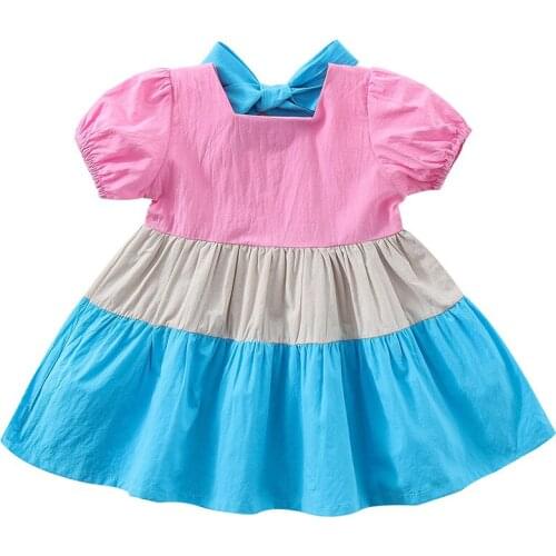 2021 Summer Baby Girls Cotton Bow Dress Kids Preppy Style Patchwork Dresses Children Princess Birthday Party Party Vestidos