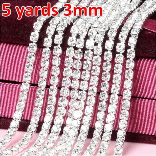 3mm 5 yard Crystal White Glass Rhinestone Cup Chain Silver Base With Claw Dress Decoration Trim Applique Sew on Garment Bags