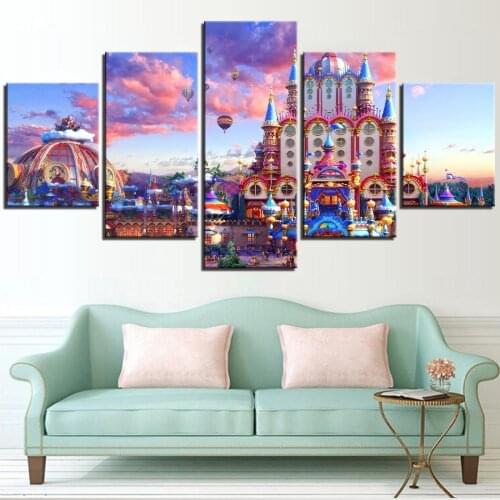 5 piezas de lienzo de Castillo rosa, pintura de arte de pared, pósteres de sueños para niñas, fotos de princesa para el hogar, d