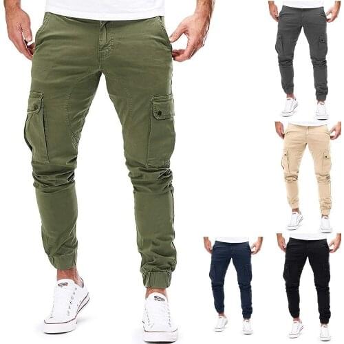 Lugentolo Cargo Pants Men Fall New Skinny Little Feet Lace Up Pockets Trousers Mid Waist Casual Men Clothing