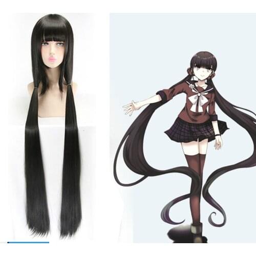 Danganronpa Dangan Ronpa V3 Harukawa Maki Black Straight Long Bangs Heat Resistant Synthetic Hair Cosplay Prop + Free Wig Cap