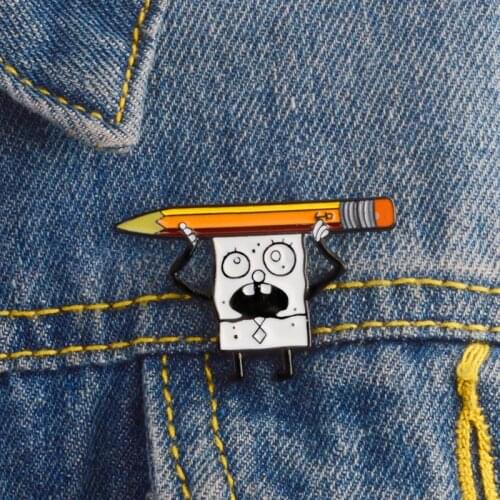 Cartoon gray sponge baby with a pencil on the head and a stylish personality brooch for all the innocent people with clothes
