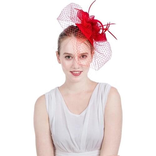 2019 New Style Ladies Red Face Veil Flax Mesh Flower Feather Veil Exquisite Bride Wedding Banquet Prom Mysterious Handmade Veil