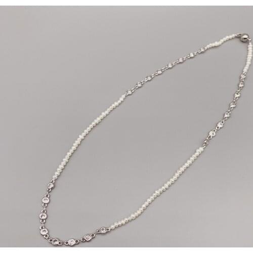 FoLisaUnique 2-3mm White Freshwater Pearls Necklace Cubic Zirconia Chain Delicate Choker Necklace For Women Girls Gift