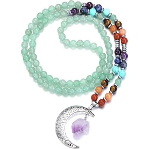 FYSL Silver Plated Crescent Moon with Amethysts Stone Pendant Long Beads Chain Necklace Healing Chakra Jewelry