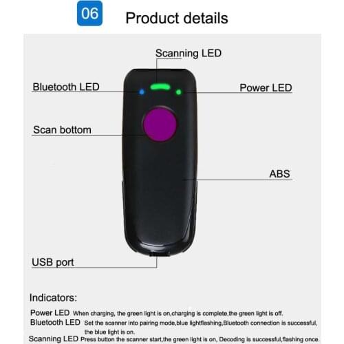 Pocket 1D 2D Bluetooth Barcode Scanner 1D 2D USB Bluetooth 2.4GHz Wireless Barcode Reader Wireless Transfer Distance 100 Meters