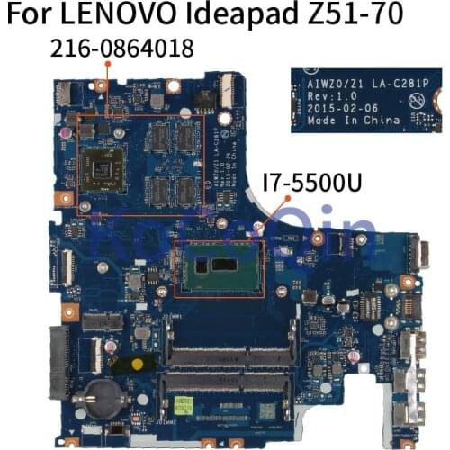 KoCoQin AIWZ0/Z1 LA-C281P Laptop motherboard For LENOVO Ideapad Z51-70 I7-5500U R7 M360 MMainboard 5B20J23786 SR23W 216-0864018