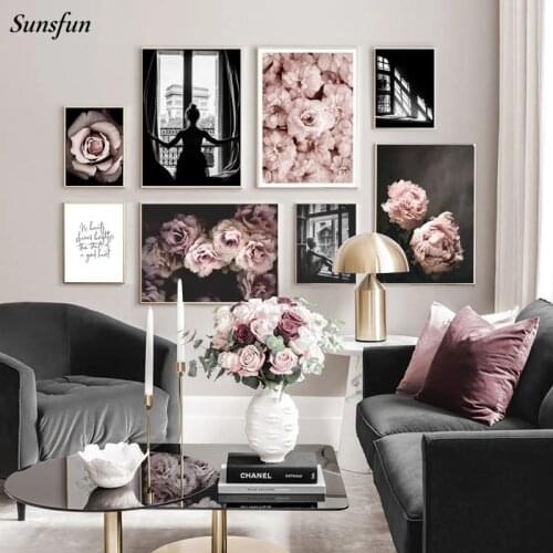 Fashion Print Canvas Painting Pink Flower Sexy Girl Nordic Posters and Prints Scandinavian Wall Art Living Room Decor Picture
