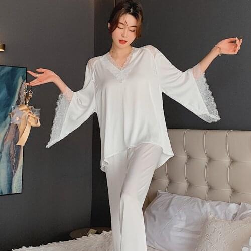 Fashion Womens Pajamas Spring Imitation Silk Pajamas Suit Daily Ice Silk Home Service Solid Color Two-Piece Suit