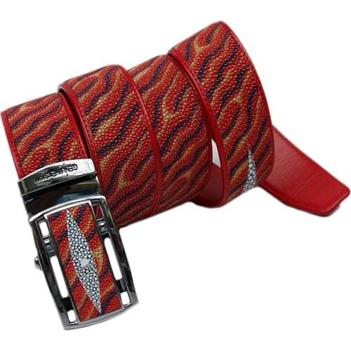 Fashion Wave Pattern Authentic Real Stingray Leather Male Strap Genuine Skate Skin Automatic Buckle Dark Red Mens Belts