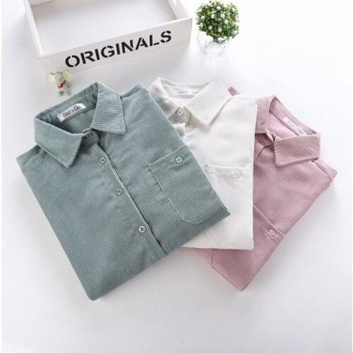 JMPRS New 2021 Women Corduroy Shirt Elegant Long Sleeve Casual Pocket Female Fall Button Up Shirts Preppy Style Student Tops