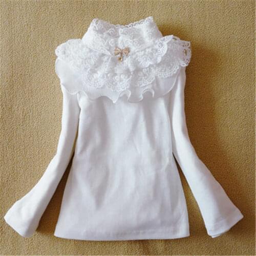 New Autumn Winter Girls Blouses Shirts Fashion Warm Add Wool Long Sleeve White Lace Flower Blouses Girls Cotton Clothes