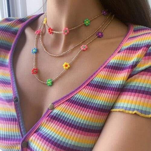 Bohemia Necklace Set 3pcs Flower Charm Choker Acrylic Blossoming Jewelry Glass Beads Easy Causal Accessories for Women 2021 New
