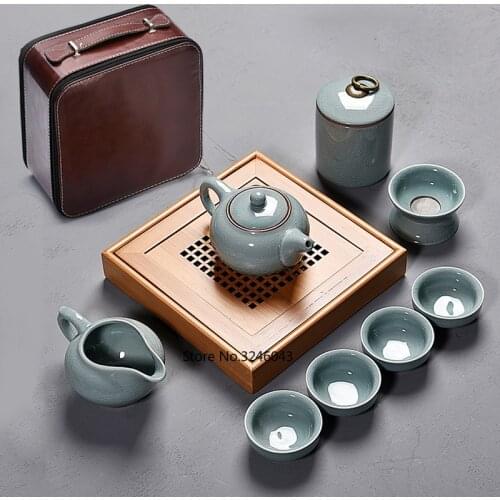 Travel tea set 9 piece suit carrying case Household simple small Japanese ceramic teacup ruyao Kungfu tea set dry tea tray