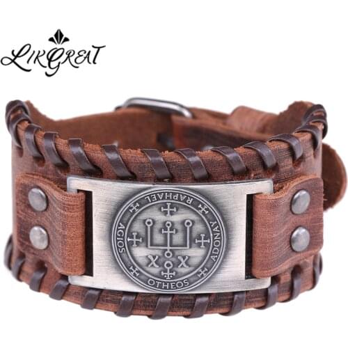 LIKGREAT Wicca Talisman Gothic Sigil of Archangel Raphael Enochian Amulet Angel Leather Charm Mens Cuff Wristband Bracelet