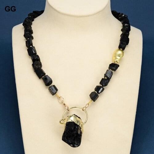 GuaiGuai Jewelry Natural Black Tourmalines Rough Necklace 14KT Gold Color Plated Tourmaline Pendant Vintage For Women