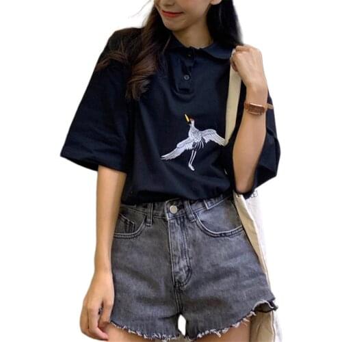 Women Short Sleeve Fashion Animal Embroidery Pattern Casual Round Neck Black / White T-shirt Summer Fashion Lapel Loose Tops