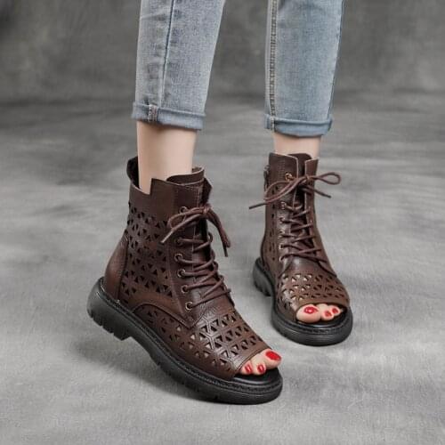 Spring and Summer New First Layer Cowhide Martin Boots Hollow Boots Lace-up Casual Fish Mouth Short Boots Single Boots Women