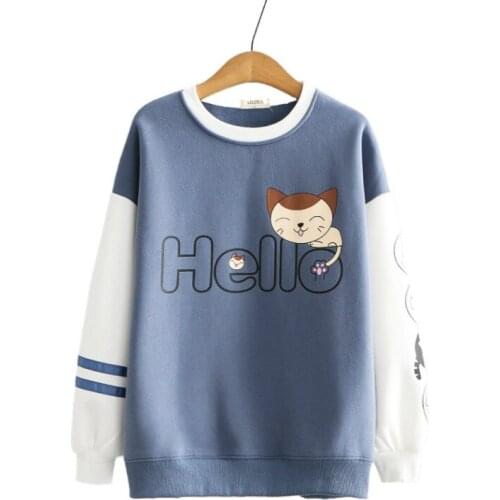 2020 Winter Women Fleece Warm O-neck Hodies Solid Cartoon Print Casual Pullover Sweatshirt Teen Girlys Long Sleeve Kawaii Tops