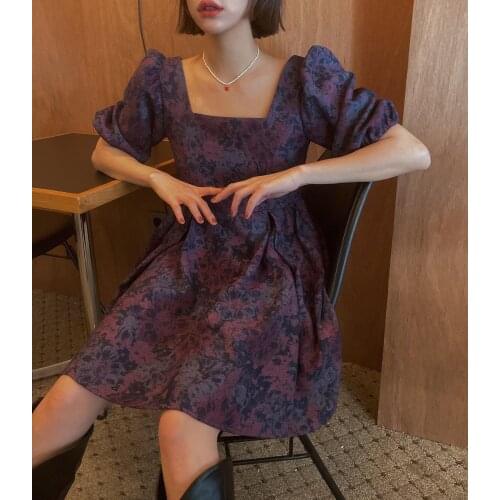 Puff sleeve square neck flower dress mini Korean A-line purple embroidery short dress 2021 summer retro woman chic