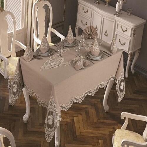 18 pcs Luxurious Table Cloth Set Made in Turkey CAMEL Embroideried Lace Tablecloths Table Runners Ring Dinner Napkin Brown