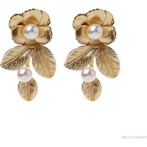 Free Shipping Luxury Gold Earrings Tone Baroque Pearl Leaf Flower Royal Earrings Women Wedding Bridal Jewelry ly6 21 wholesales