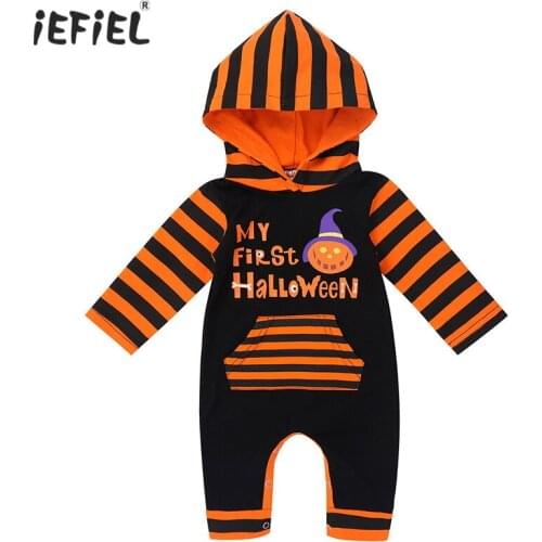 Toddler Infant Baby Boys Girls Hooded Romper My First Halloween Costume Clothes Cartoon Pumpkin Printed Striped Romper Jumpsuit
