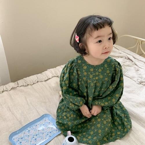 2021 New Spring Korean Style Toddlers Girls Retro Dresses Lantern Sleeve Loose Baby Kids Printed Dress