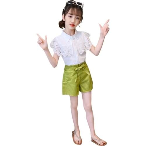 Teen Girls Summer Suit Fashion Hollow Out Lace Blouse and Shorts Two-piece Children for 4-13 Years Boutique Kids Clothes Sets