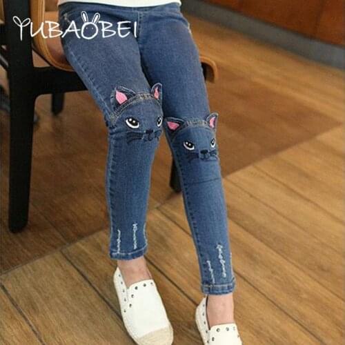 Baby Girls Jeans Embroidered Kitten Cute Pattern Cat / Bunny Jeans Childrens Fashion Winter Velvet Warm Trousers Pants