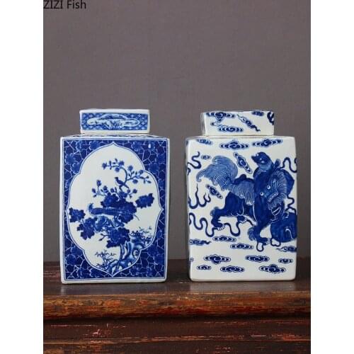 Lion Pattern Ceramic Jars Classic Painted Blue and White Porcelain Tea Caddy Vintage Home Decor Rectangle Storage Jar with Cover