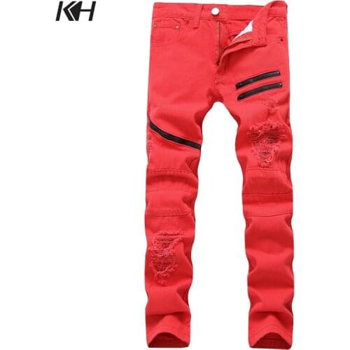 KH Fashion Ripped Hole Mens Jeans Multi Zip Motorcycle Biker Denim Pants Men Slim Fit Washed Straight Skinny Trousers