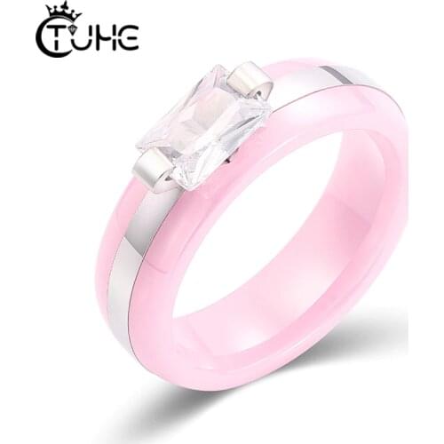 Romantic White Crystal 6mm Pink Ceramic Ring For Women Promise Wedding Engagement Rings Fashion Female Jewelry Lovely Gifts