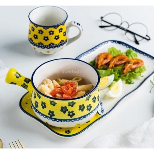Minimalist Creative Breakfast Bowl Plate Set Ceramic Bowl Glazed Baking Tray with Handle Bread Milk Fruit Tableware