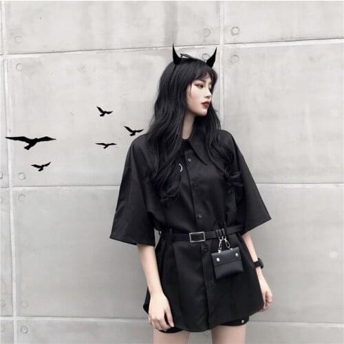 New Summer Streetwear Gothic Black Women Casual Shirts Harajuku FashionTops Loose Lapel Button Sashes Short Sleeve Blouses
