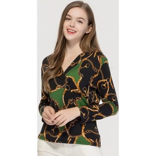 Autumn and winter new wool V-neck diagonal bottom coat womens printed Pullover Sweater 100% wool slim knit 9091