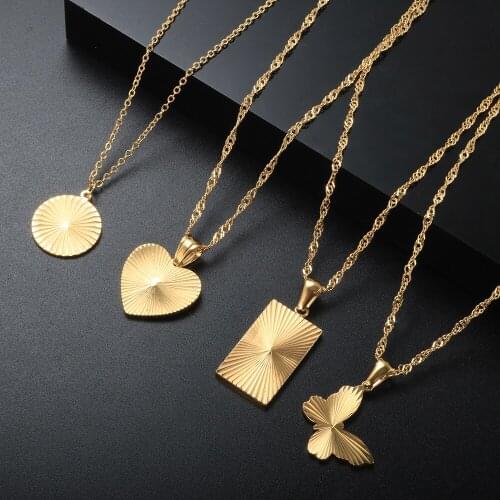Geometric Butterfly Heart Round Square Shaped Necklace Gold Plated Stripes Necklace For Women Fashion Necklace Jewelry Gift