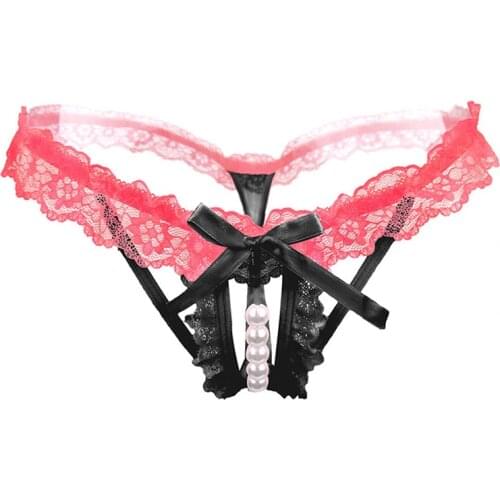 Sexy Lingerie Open Crotch Pearl Underwear Female Bow Tie Briefs Transparent Low Waist Panties Nightwear Sleepwear Erotic Women