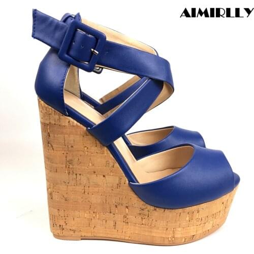 Wedges Shoes for Women Peep Toe High Heels Platform Sandals Cross Strap Cover Heels Wedge Sandals Blue Buckle Strap Summer Wear