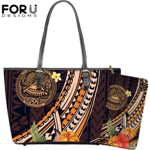 FORUDESIGNS Vintage Shoulder Bags And Wallets 2Set Polynesia Samoa Tattoo Printed PU Large Handbags Female Top-handle Bags Totes