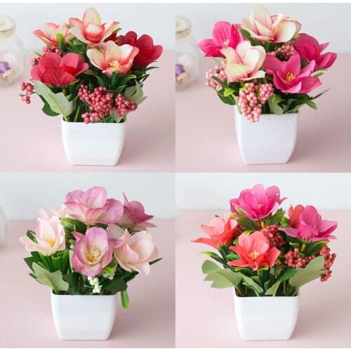 Vivid Color Plastic Artificial Rose Flower Plant Potted Bonsai for Home Office Desk Garden Party Table Ornament Christmas Decor